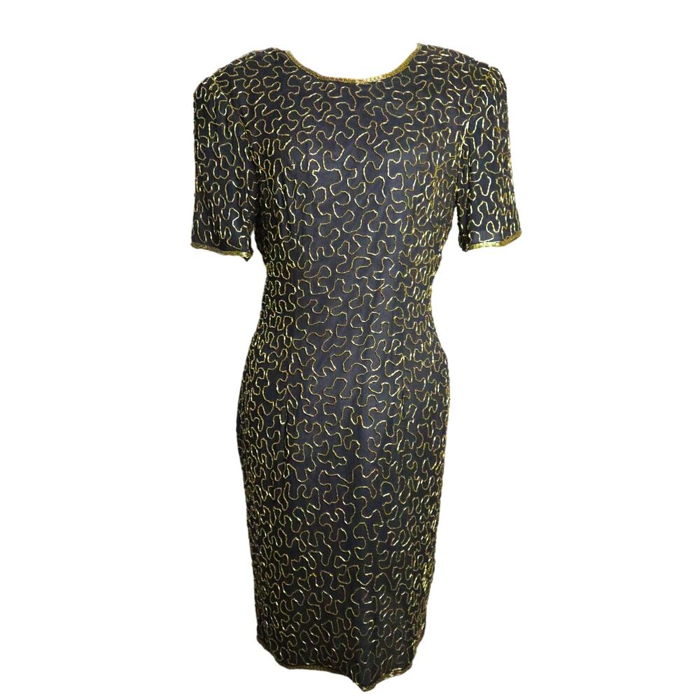 Vintage 80s 90s Joan Leslie Sequin Silk Dress 12 Black Gold Beaded cocktail